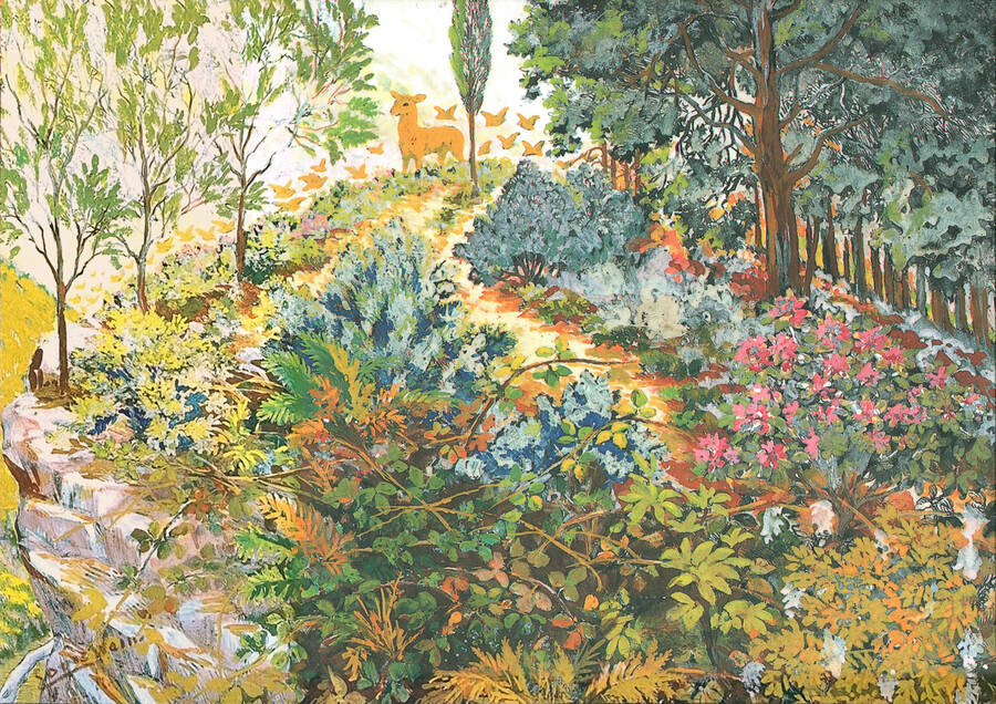 Untitled - lamb on top of a hill surrounded by all sorts of flora - wild blooms and trees