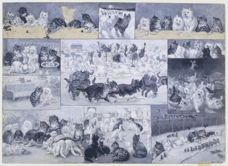 A Kitten's Christmas Party (1886) A Kittens Christmas Party - painting of kittens participating in christmas activities (1886)