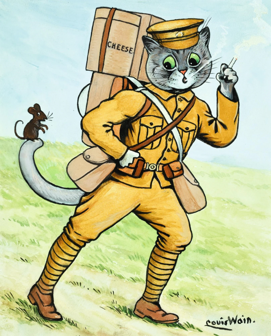 The Soldier Cat (1917) The soldier cat - a grey cat donned in military gear carrying supplies of cheese with a mouse perched on its tail