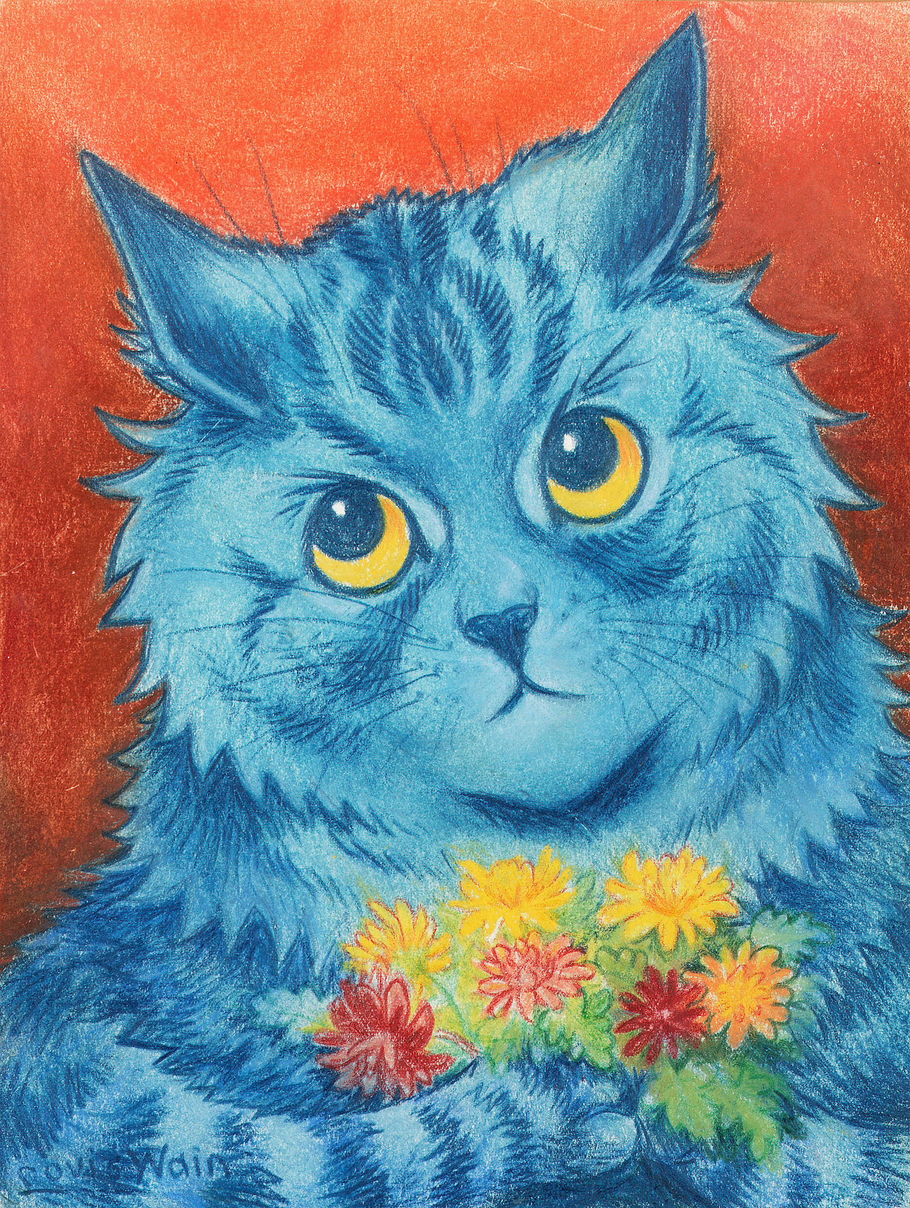 A shy offering - Blue cat clutching a bouquet of flowers