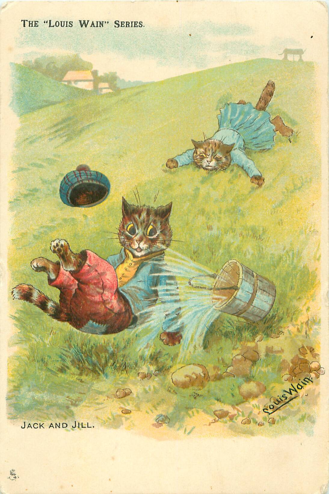 Jack and Jill - 2 cats tumbling down a hill with a pail of water, like the childrens fable