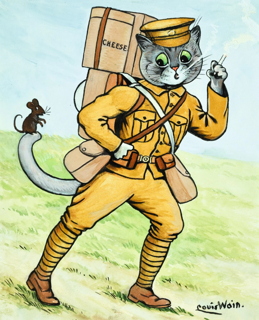 The soldier cat - a grey cat donned in military gear carrying supplies of cheese with a mouse perched on its tail