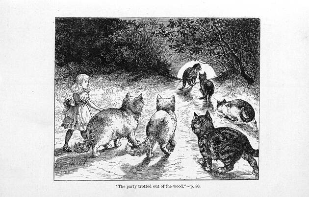 Page from Mrs. Tabby's Establishment, caption reads "The party trotted out of the woods". Image depicts a little girl walking towards the moon with 6 cats.