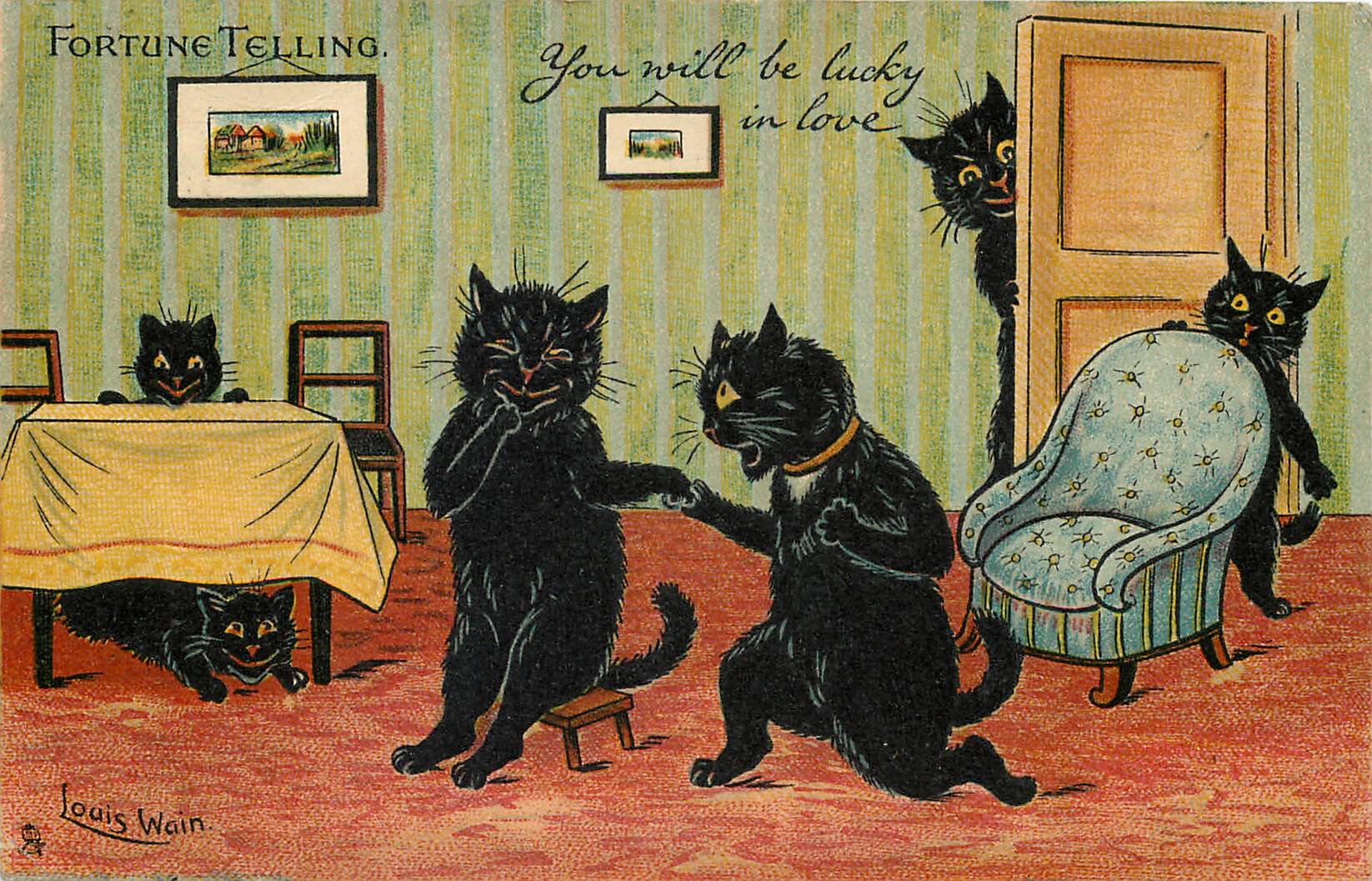 Lucky in love - a black cat proposes to another on one knee, while other cats watch in various hiding spots