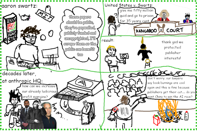 copyright law for thee, but not for me COMIC: PANEL 1 - Aaron Swartz at MIT computer saying "these papers should be public, they're paywalled, publicly funded and uncopyrighted, I'll scrape them so the public can benefit too". PANEL 2: Aaron in court, US Vs Swartz. PANEL 3: Aaron's suicide, apathetic copyright warrior says "thank god we protected publisher interests!". PANEL 4: anthropic HQ, some guy says "how can we increase our already ludicrous profit margins?". money printer in background is being fed directly to shredder. PANEL 5: Anthropic CEO on stage saying "don't worry, our lawyers say book burnings are cool again and this is fine because publishers get their cut.... do you want China to win the AI race?"