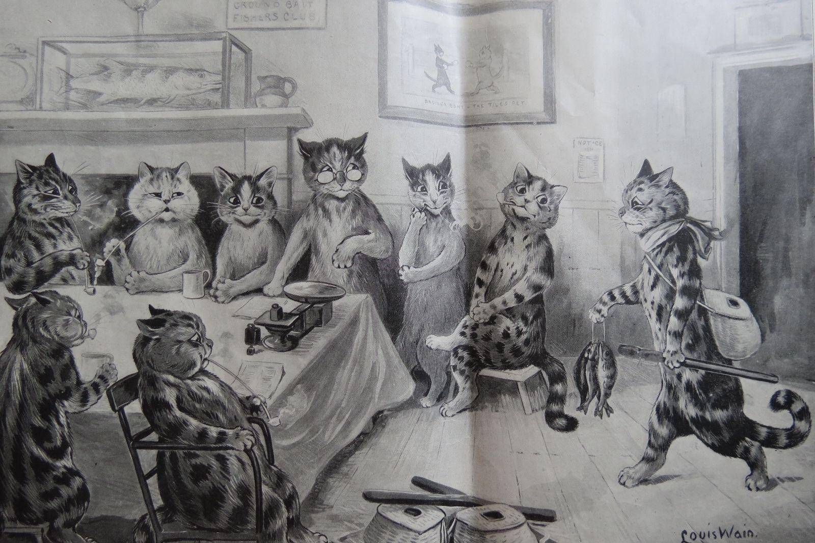 The Angler's Club - anthopomorphic cats admiring a cat-fisherman's latest catch.