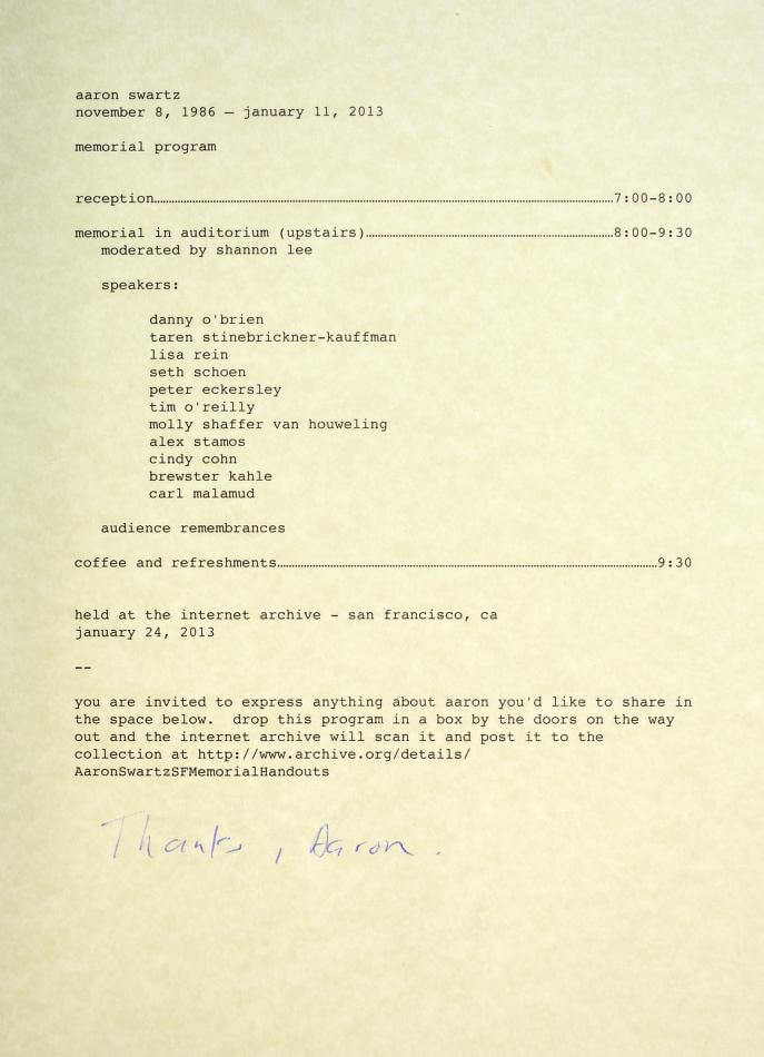 Yellowing memorial page for aaron swartz' memorial