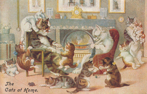 The Cats at Home (1903) The cats at home - 2 older cats raising a litter of kittens, seeming overwhelmed in front of the fireplace.