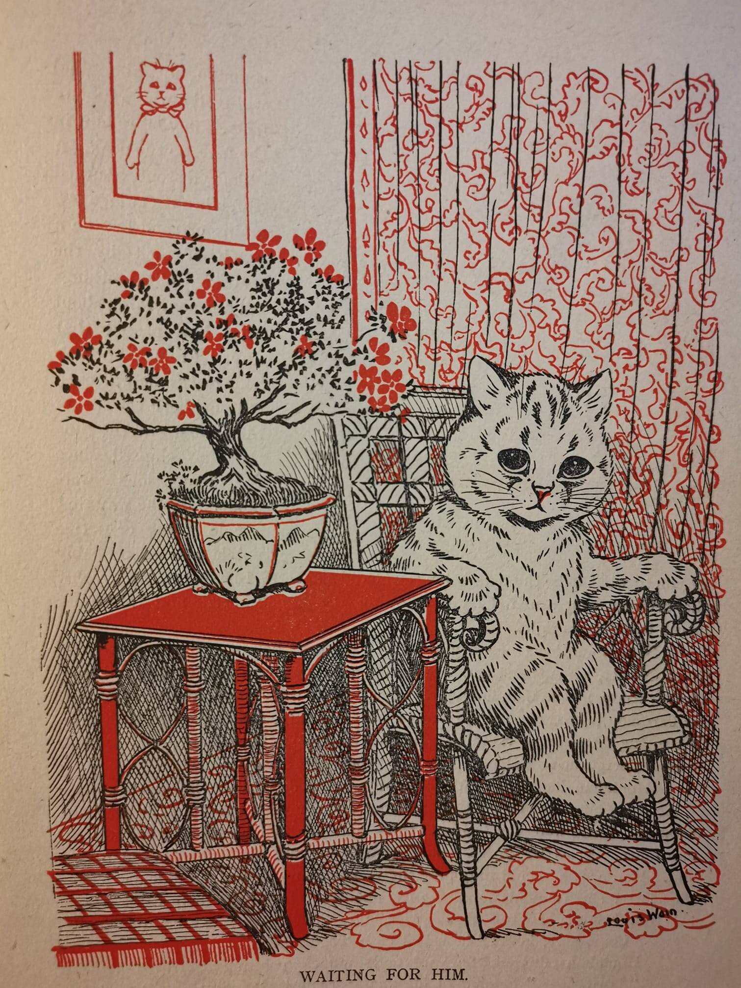 "WAITING FOR HIM" - postcard, cat on chair staring at the viewer, by table with small blooming bonsai tree